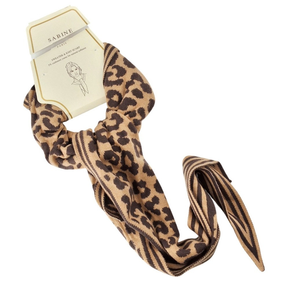 Sabine Paris Leopard Print Knit Scarf with 5% Cashmere Brown Tan Animal Print